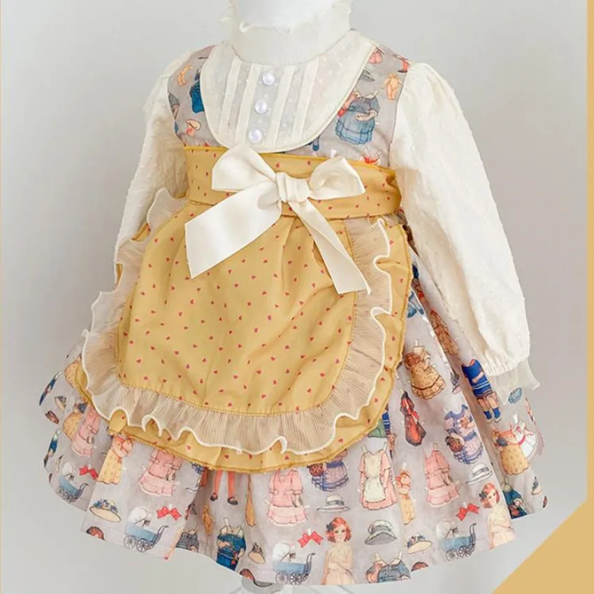 Roupas de bebê espanhol Vintage Lolita Vestido de baile Arco de Impressão Palácio de Estilo de Limpeza vestido de Princesa Vestido Para as Meninas da Páscoa