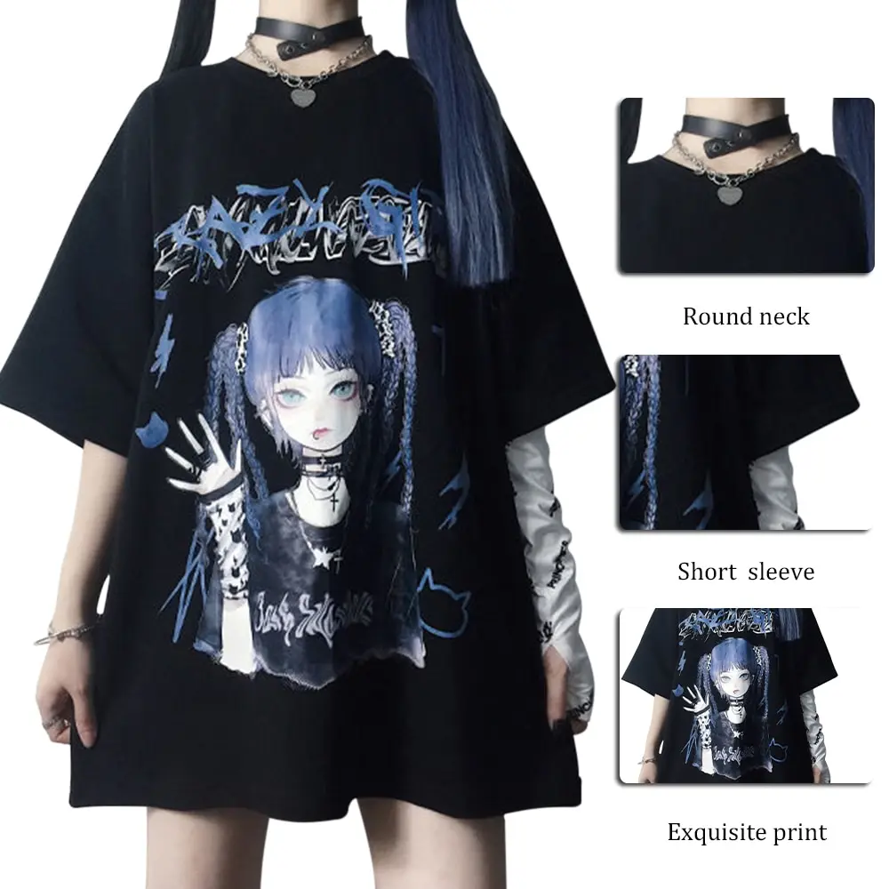 Verão Goth Tê Fêmea Estética Solta Mulheres T-shirt Punk Escuro Grunge Streetwear Top de Senhoras T-shirts Harajuku Roupas y2k