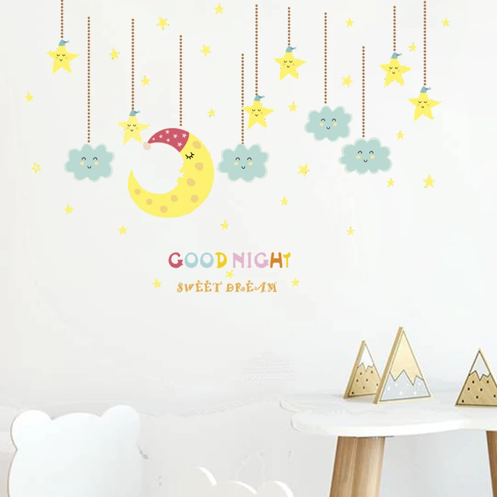 Lua estrela dizer boa noite para você adesivos de parede Para quartos dos miúdos adesivos de quarto de criança de jardim de infância Decoração mural