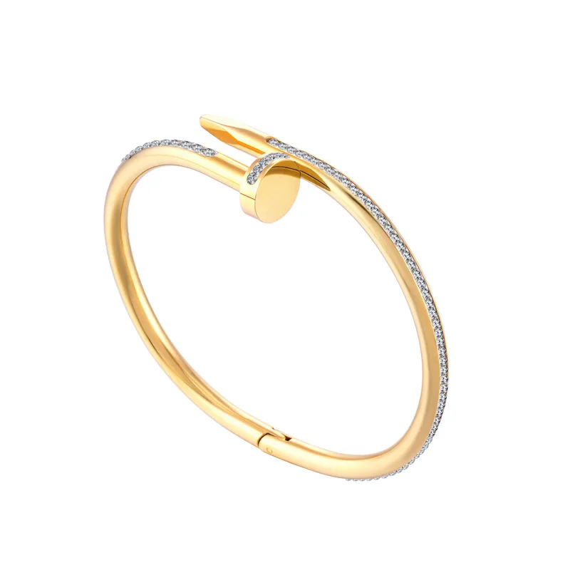 Strass de pavimentação de unhas pulseira para mulheres de aço inoxidável rosa de ouro preto abrir bangle cuff de luxo designer elegante