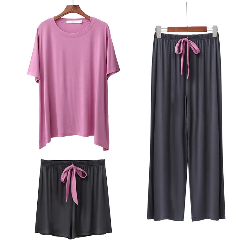 3PCS Pijama Conjuntos de Tops para Lazer Solta Casa Desgaste das Mulheres Modal Pijamas Terno de Verão, Shorts Outono Calças de Pijamas Homewear