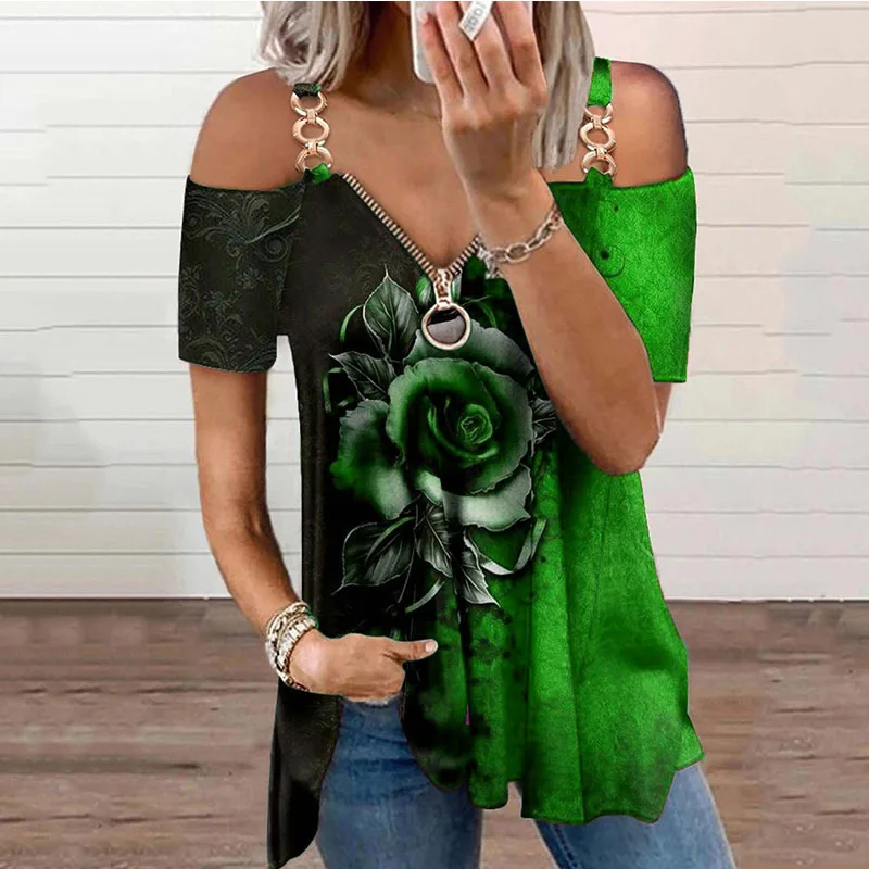 Sexy Funda V-Pescoço Zíper Solta Camisa de Verão 3D estampa Floral Tops de grandes dimensões Mulheres Fora do Ombro Casual Blusa Plus Size 5XL