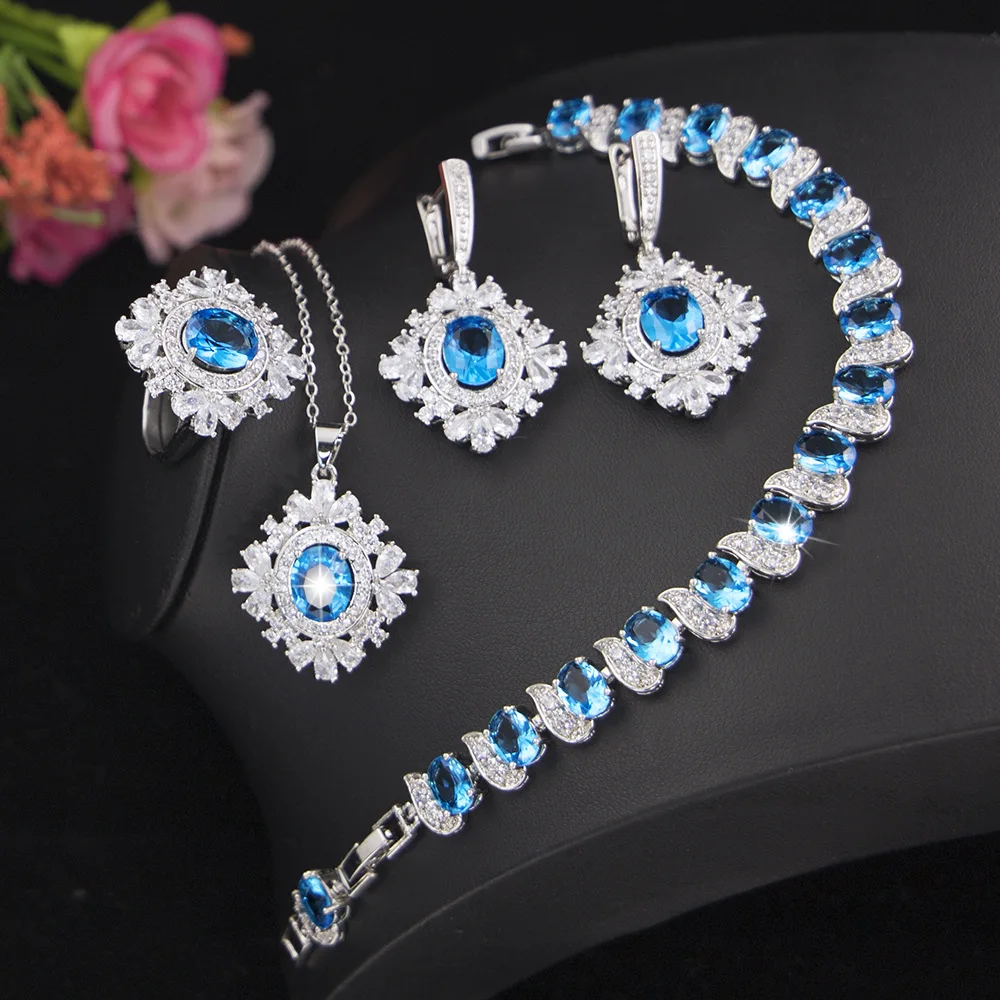 XUTAAYI de Luxo, Jóias, Brincos de Prata 925 Jóias de Casamento Conjuntos Para as Mulheres Azul Pulseira de Anéis de Noiva Pingente do Conjunto
