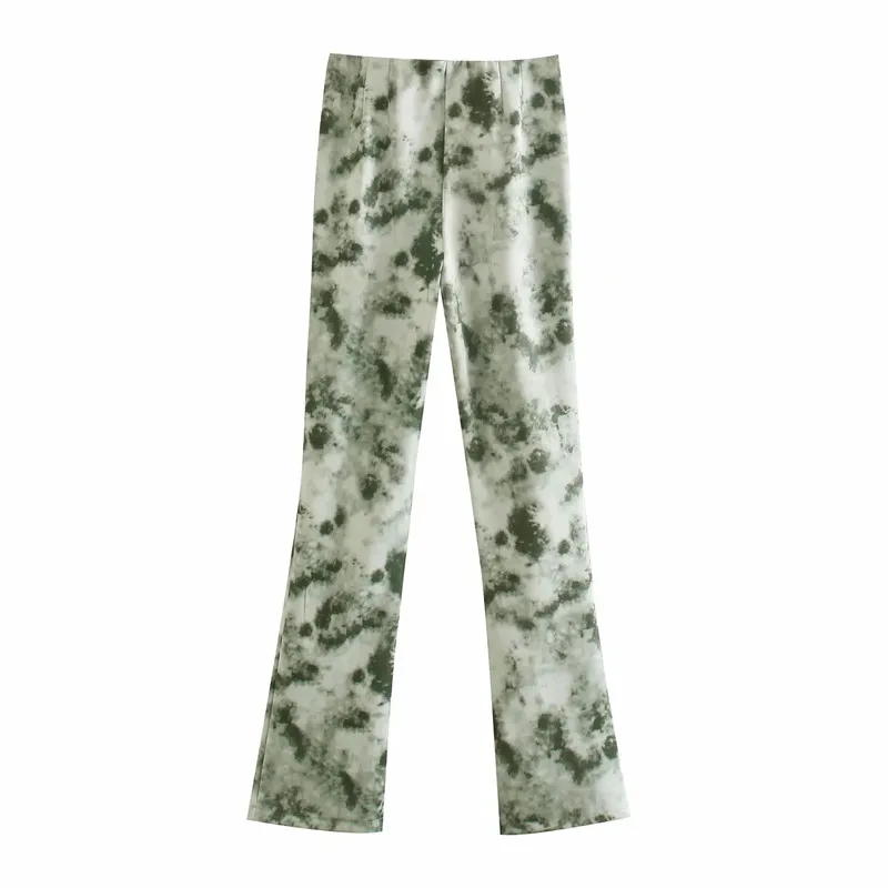 Za das Mulheres Calças de Primavera 2021 Moda Tie Dye Cintura Alta Calças Femininas Estética Vintage Verde Flare Pants Com Fendas das Calças