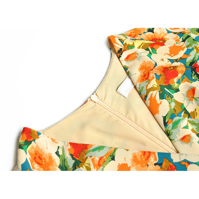 SEQINYY Elegante Midi Vestido Sereia Verão, Primavera Novo Design de Moda as Mulheres Pista de Flores de Laranja Imprimir Bainha de Babados em Cascata