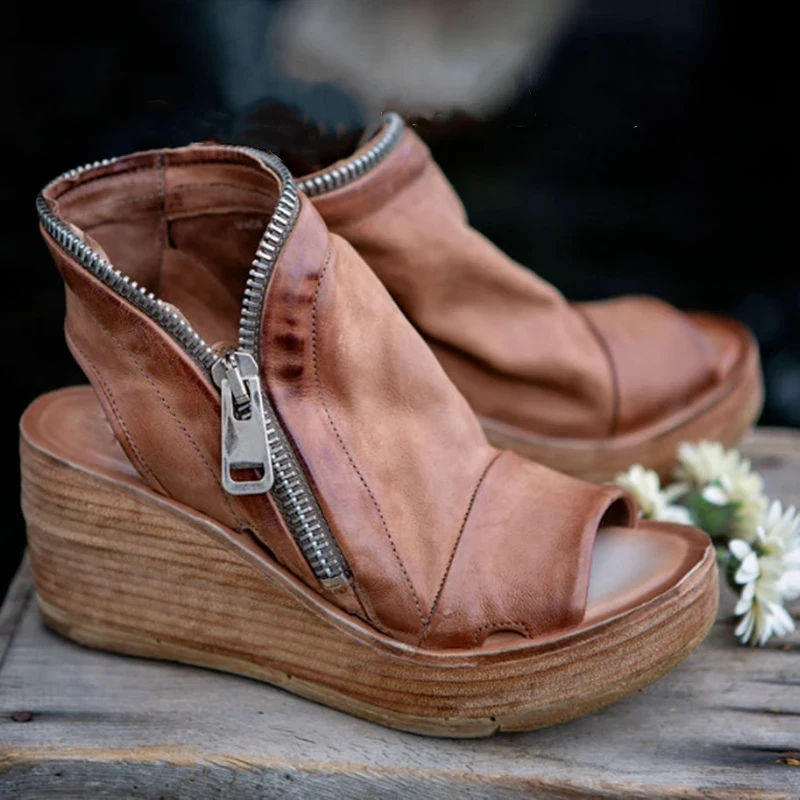 Mulheres Sandálias Sapatos 2021 Verão Retrô, Peep Toe Plataforma Sandálias PU Couro Zipper de Espessura Inferior mulheres sapatos de Senhoras Sandálias