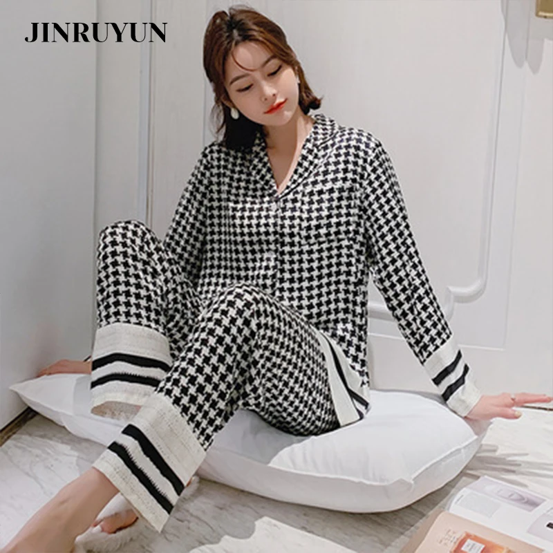 Pijamas novos mulher de gelo seda coreano temperamento de manga comprida, calças de casa, roupa de duas senhoras Conjunto Feminino da Noite Sleepwear