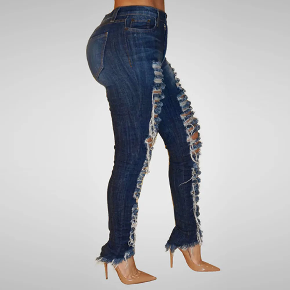 Jeans Meados de Cintura Buraco Skinny Stretch Magro Calças Simples Bezerro Comprimento de calças de Brim das Mulheres do Denim, Calças de Senhoras Jeans Rasgados De Mulher