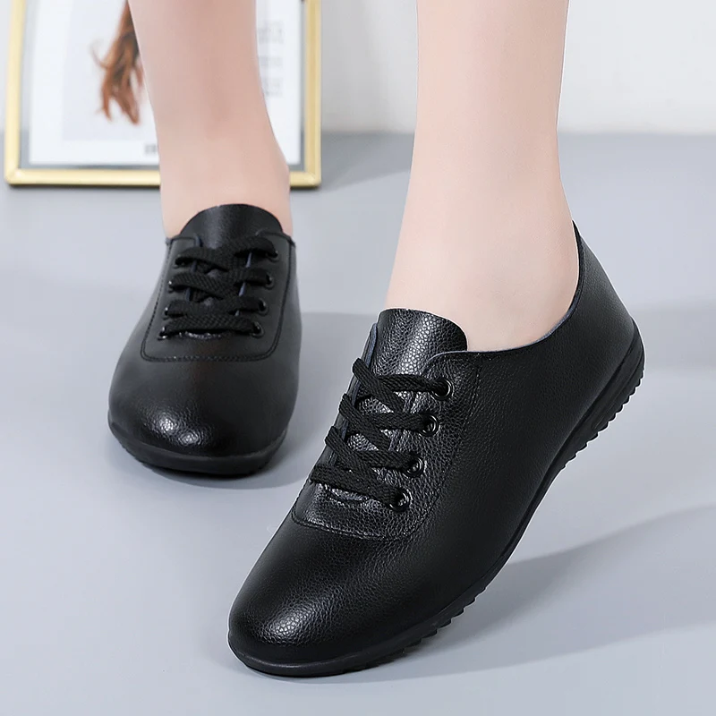 Clássico Branco de Couro das Mulheres Sapatos de Couro Genuíno Wearable Confortável para Mulheres Casuais Sapatos de Não-deslizamento de Renda das Mulheres Sapatas Planas