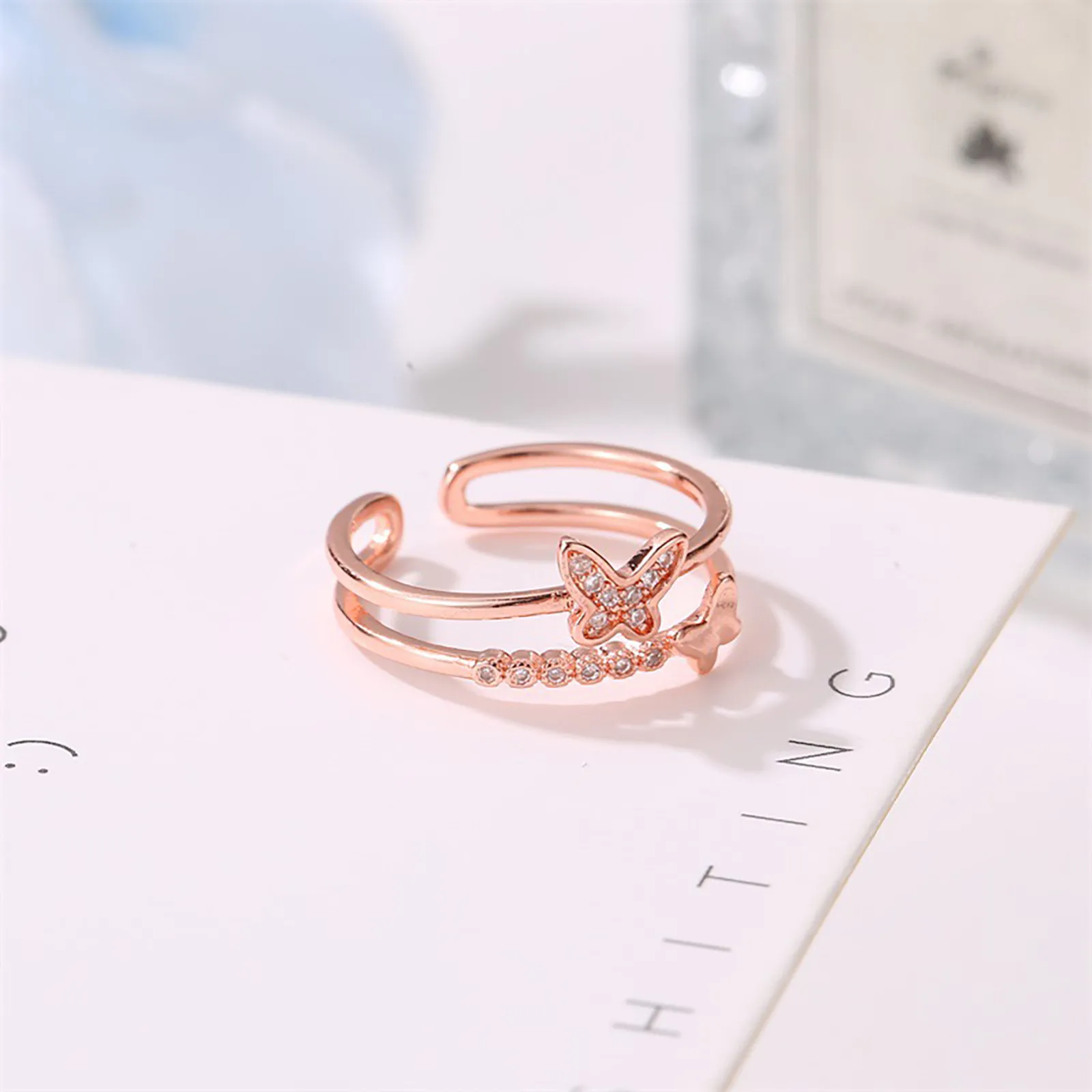 Anéis de Camada Dupla Borboleta Anéis de Cristal para as Mulheres de Temperamento Engajamento Presente de Casamento para a Namorada Anillos Bague do Navio da Gota