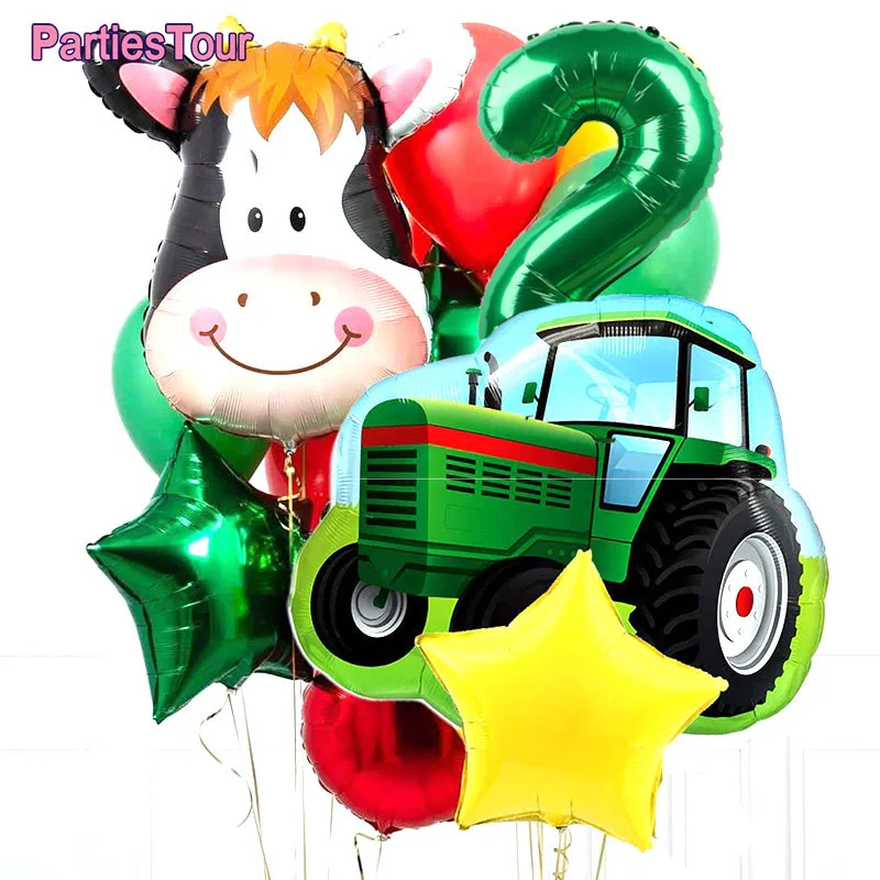Balão De Trator De Fazenda De Vacas Festa De Kit De Decoração De Dígitos Figura 1 2 3 4 5 6 7 8 9 Crianças De Aniversário, Balões De Foil Vermelho Bolas Verdes