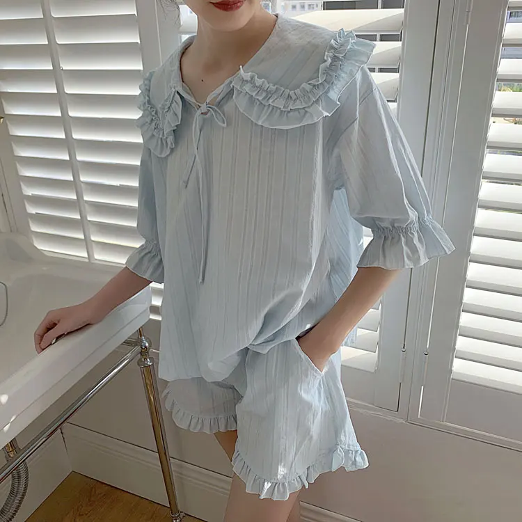 Verão de Mulheres Lolita Princess Pijama Conjuntos.Tops+Shorts.Vintage Senhoras da Menina virada para Baixo de Gola Pijamas conjunto.Pijamas Loungewear