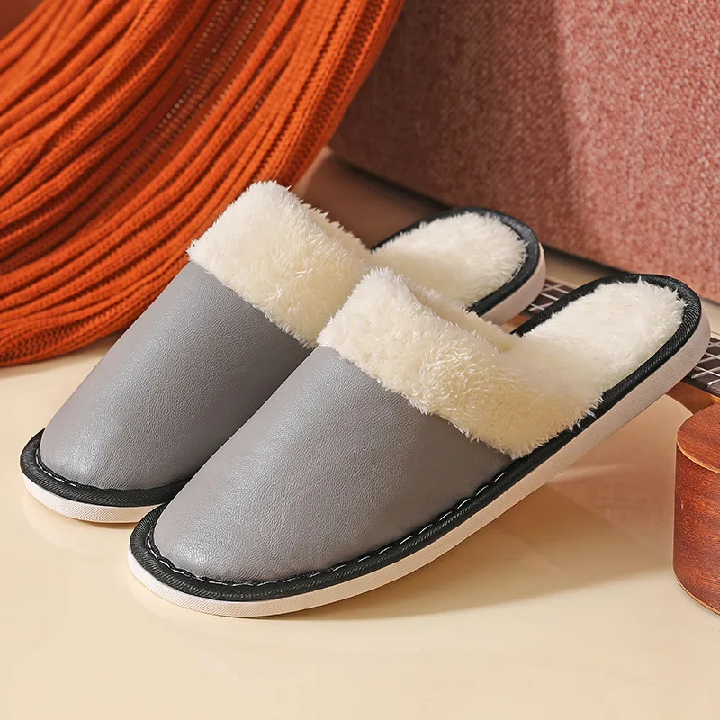Impermeáveis de algodão de pelúcia chinelos de quarto, casa de interior casais PU sapatos de couro, antiderrapante e quente de moda S1015