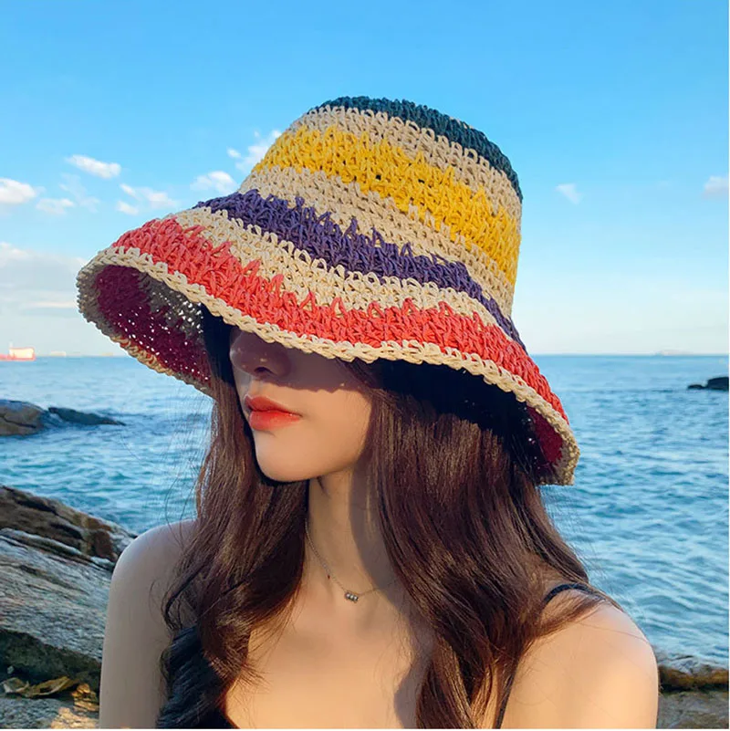 2021 das Mulheres de Chapéu de Palha arco-íris de Crochê feito à mão Panamas Proteção UV, Viseira de Sol Chapéus de Praia as Mulheres Viseiras Dobrável Chapéu de Sol de Verão
