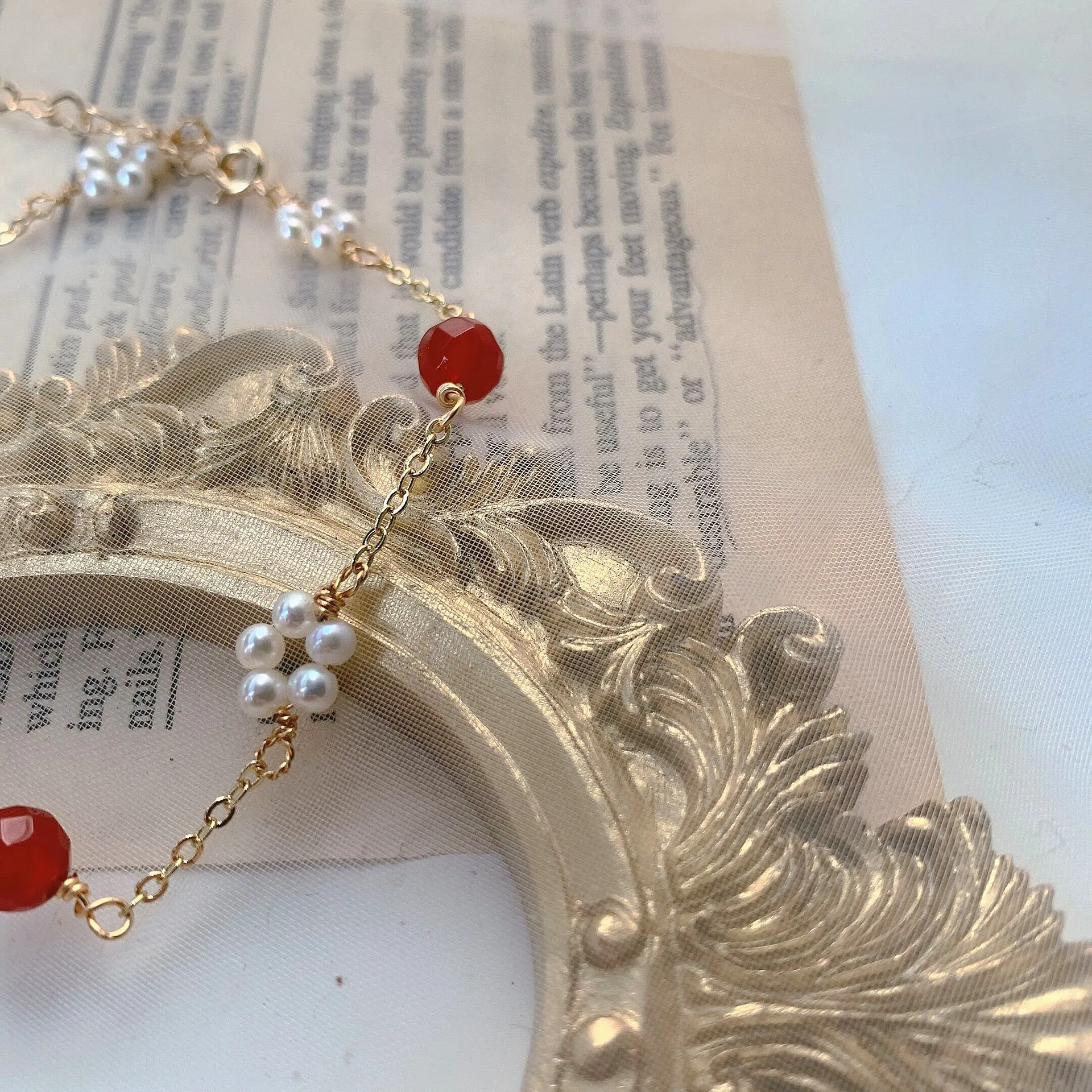 Natural de Pérola de água Doce Bracelete Feminino Facetada de Ágata Vermelha Esferas de Ouro 14K Plantadas Bracelete Chain Para as Mulheres de Noiva Presente feito à mão