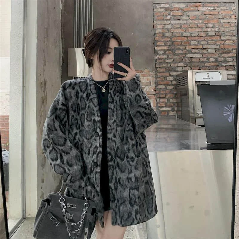 2021 nova coreano retro leopard revestimento das mulheres de Alto inverno Rua de mangas compridas moda selvagem comprimento médio de lã padrão de Jaqueta de couro