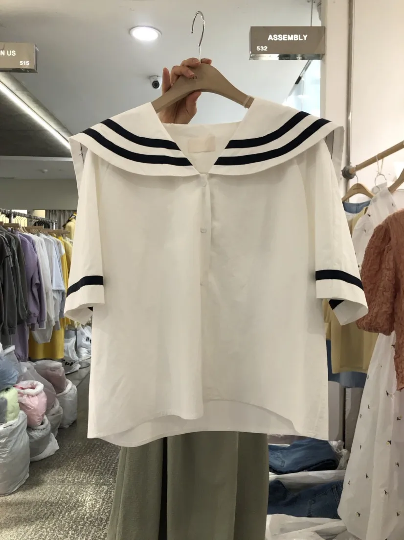 2021 Verão coreano Versão da Nova Moda da Lapela da Camisa Listrada Navy Estilo Único Breasted Fina Camisa de Mulheres Blusa Mulheres
