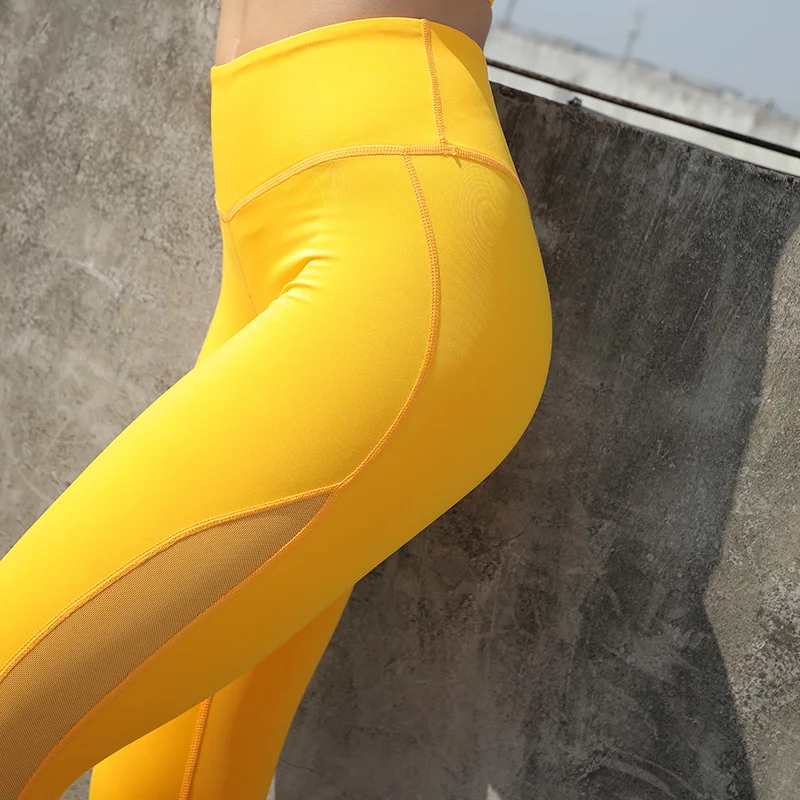 Mulheres Yoga Conjuntos de Malha de Fitness Ternos Amarelo Sportswear Execução Roupas de Cruz Alta Superior a Cintura Legging Treino de Roupas de Ginástica,LF223