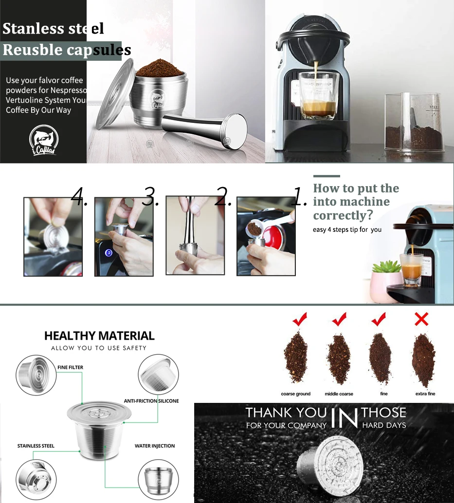 Para a Nespresso Reutilizáveis Café em Cápsula de Aço Inoxidável Crema Reutilizável Filtro Xícara de Café Expresso Pod com Tamper Ferramenta de Cozinha