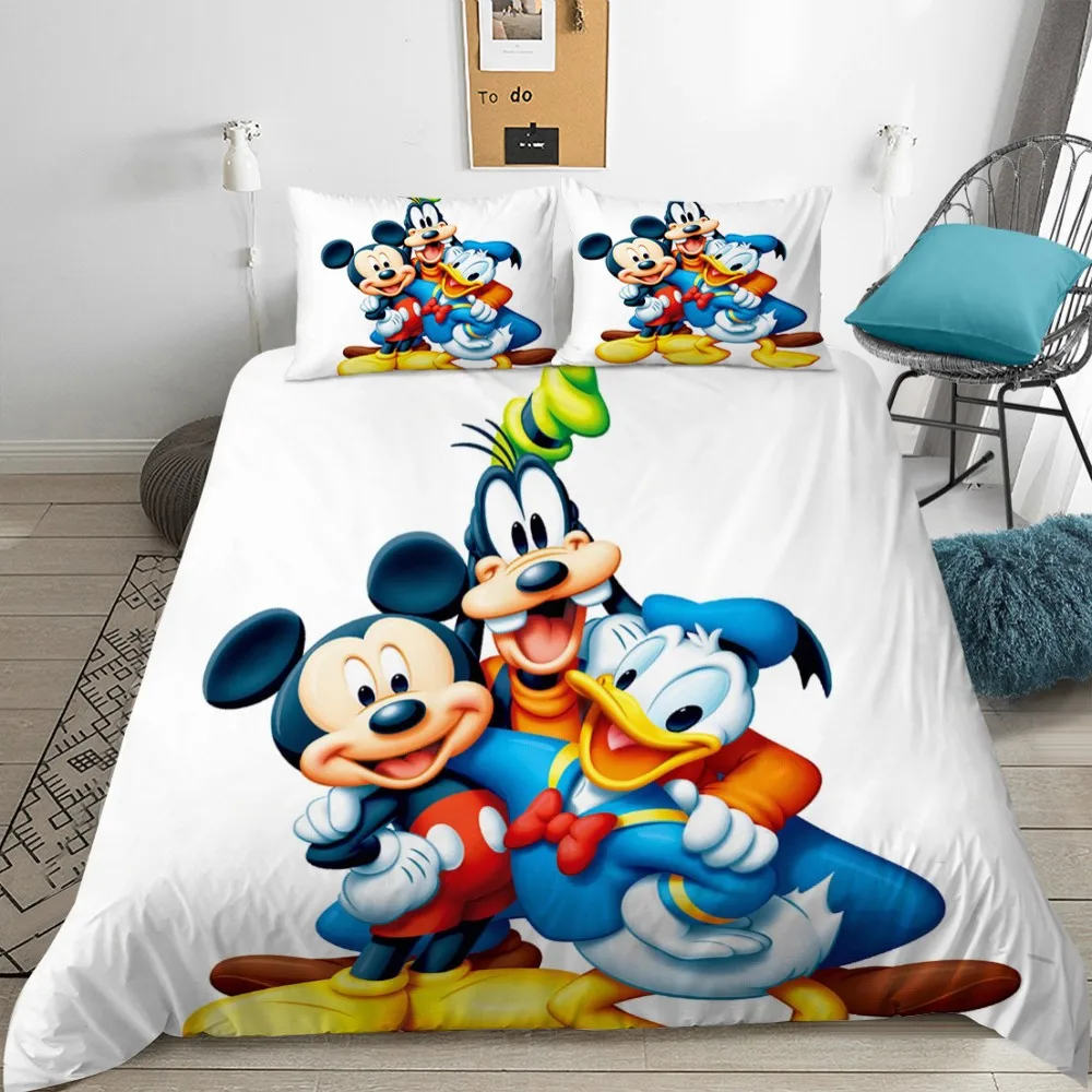 Mickey de Disney Conjunto de roupa de Cama Bonito Capa de Edredão Fronhas Queen King Size Crianças de 3 Pcs Decoração do Quarto Preto e Branco Conjunto de roupa de Cama