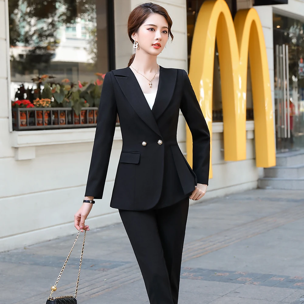 A moda mais Recente de Senhoras de Negócios Terno de Calça Azul Branco Preto de Design Uniforme Formal 2 Peça Casaco Blazer Definido para Mulheres