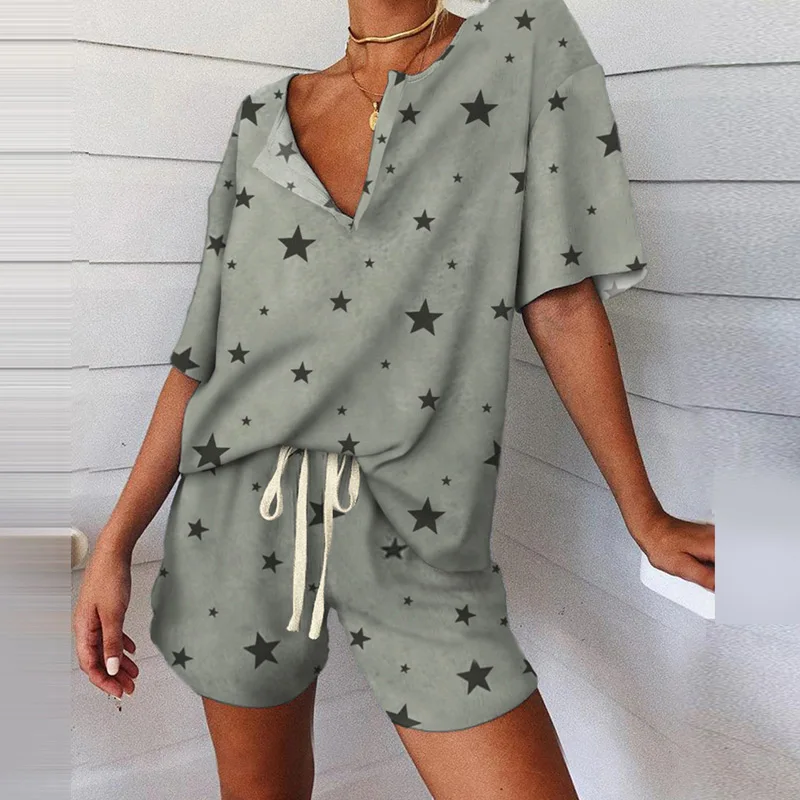 Moda verão feminina Pijama com Decote em V Manga Curta de Treino de Impressão de Emenda de Pijamas Conjunto de Roupa de Casa, roupa Para Mulheres de Roupas