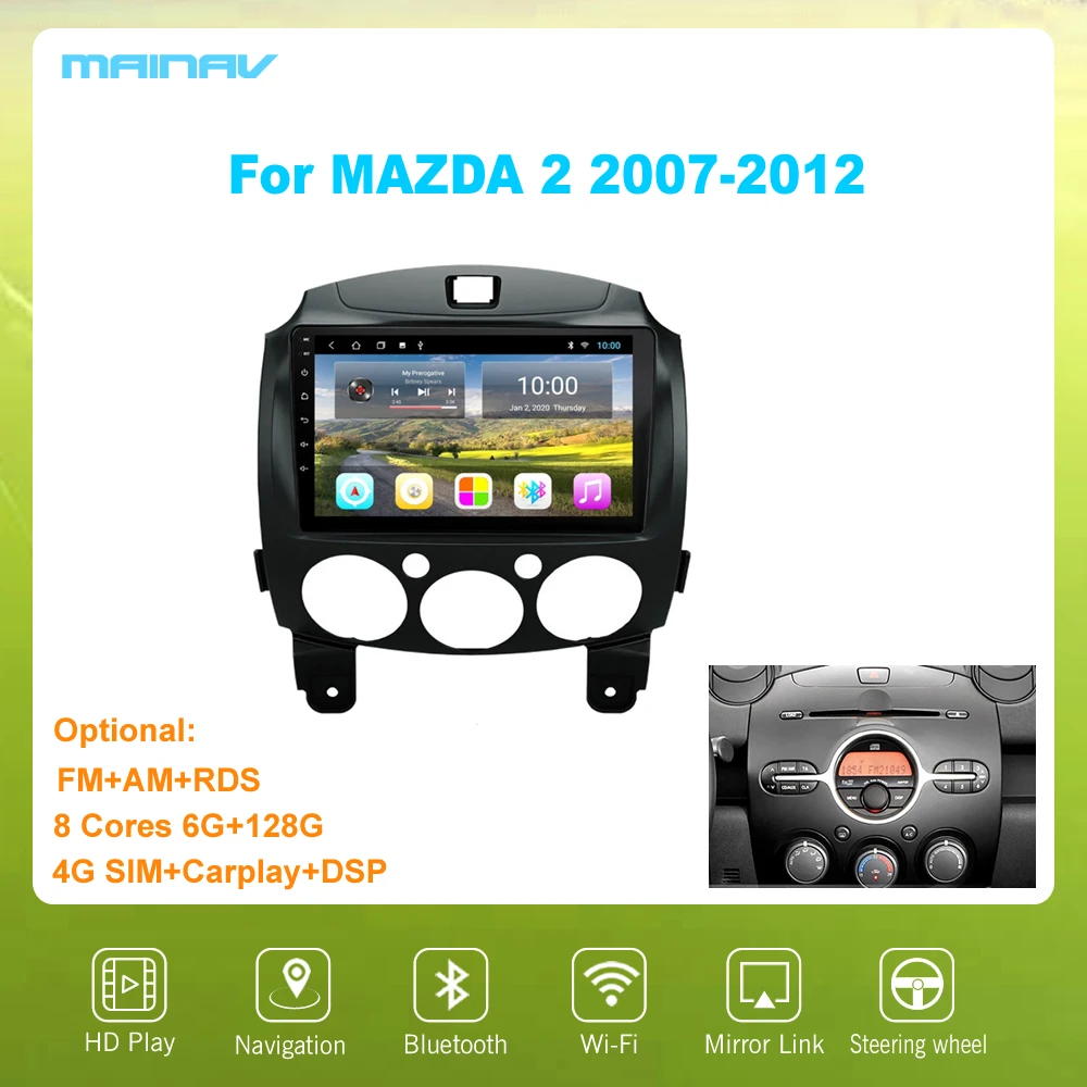 9 Polegadas Android10 para MAZDA 2 2007-2012 RDS Carro de Navegação para DSP CarPlay Rádio Multimídia Vídeo Player Estéreo GPS