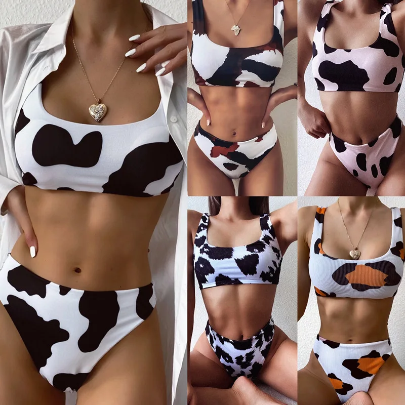 Sexy 2 Peças Swimsuit Cintura Alta Maiô Biquíni 2020 Mulheres Vaca Impressão Fato De Banho Curativo Trajes De Banho Halter Bikini