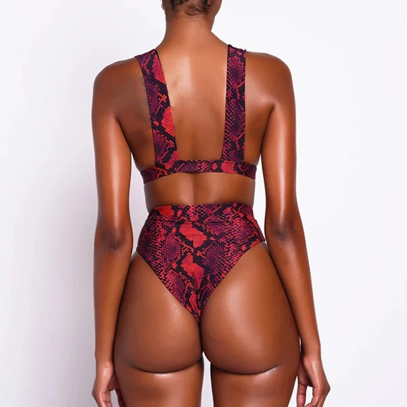 Fivela de Cintura Alta Biquini 2020 Africana Swimwear das mulheres de maiô Vermelho Sexy Cobra Impressão maiô Feminino Biquinis Brasileiros