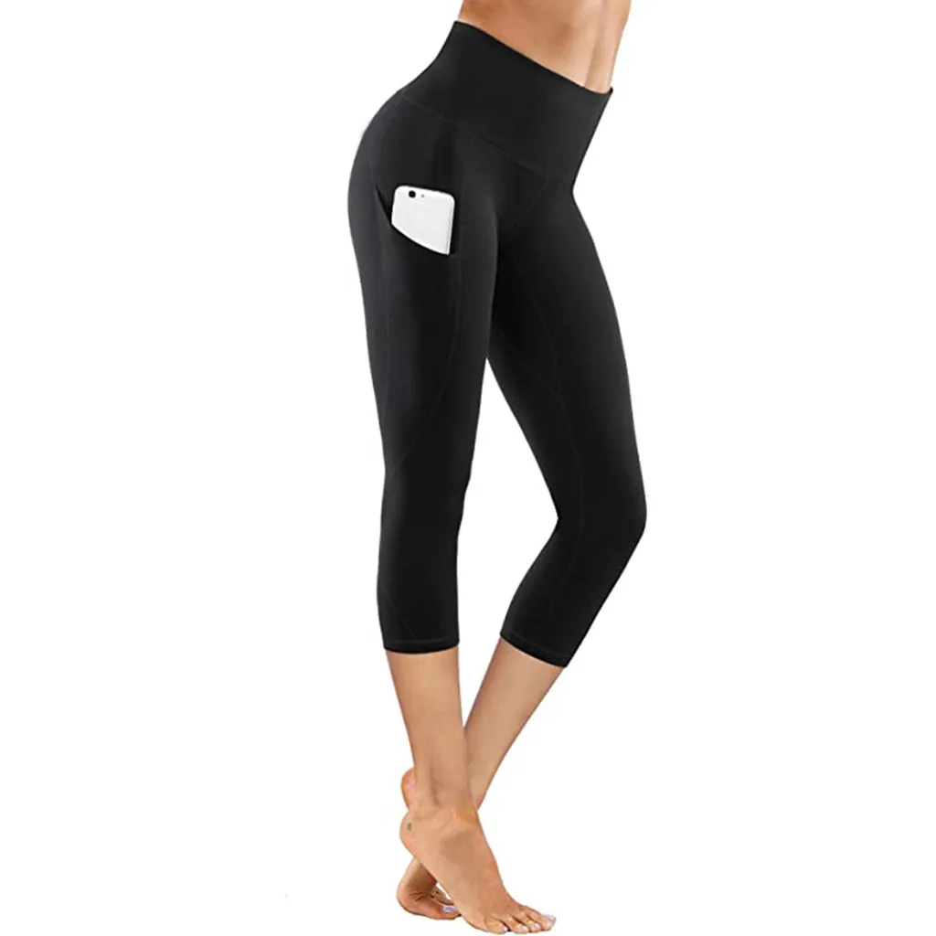 Calças de Yoga para Mulheres Apertado Elástico secagem Rápida Cor Sólida Bolso Capris Perfeita Yoga Calças leggings esporte mulheres de fitness колготки