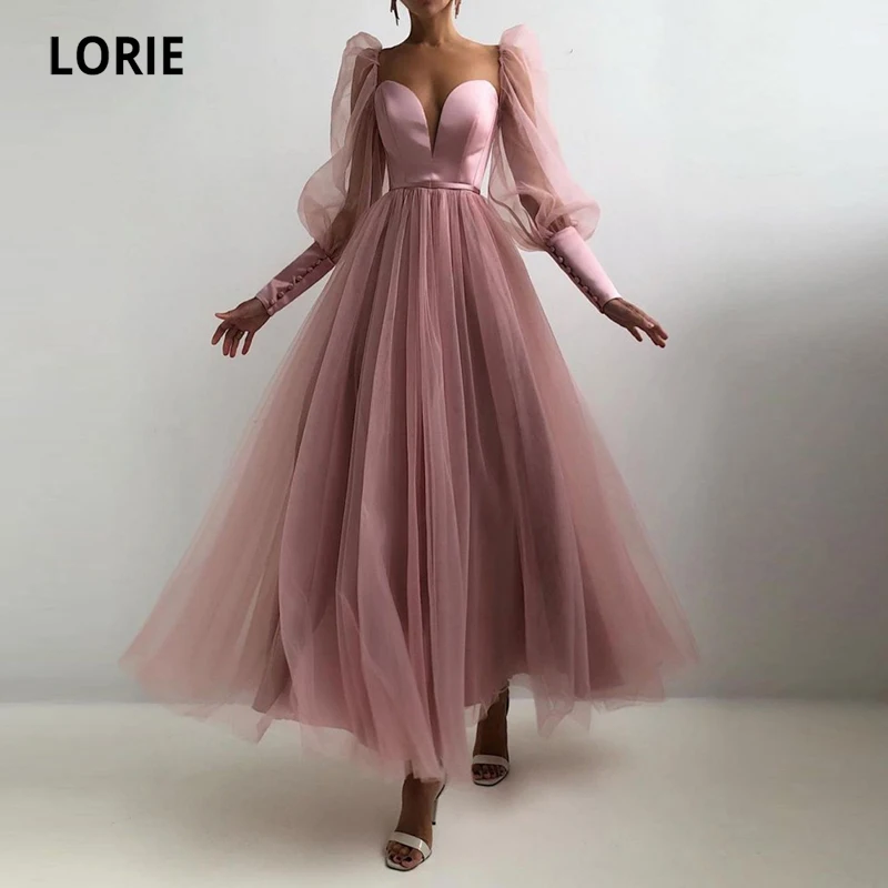 LORIE Rosa Empoeirado Vestidos de Baile Querida Puff Mangas compridas Tulle A Linha árabe Vestido de Casamento Vestido de Festa para Formatura