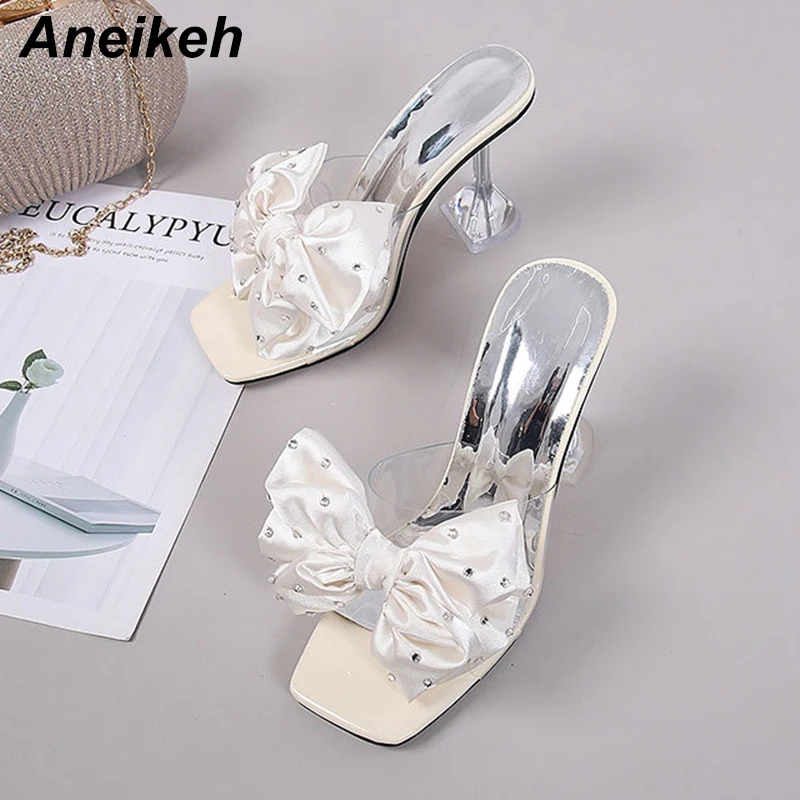 Aneikeh Borboleta-Nó de Verão 2021 Mulheres Sapatos de Quadrados Chinelos de Dedo do pé de PU Salto Alto Slides de Lazer Sólido Casual Azul Tamanho 35-46