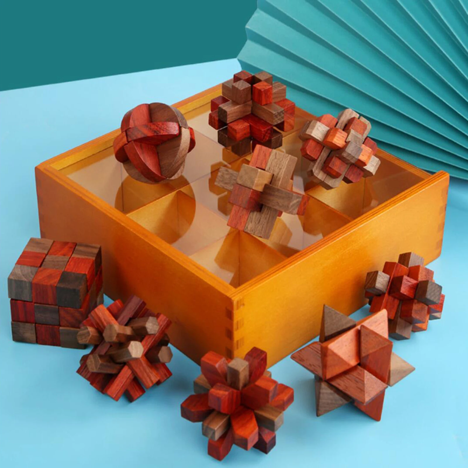 9Pcs Kongming Conjunto de Bloqueio de Madeira Puzzle 3D Teasers de Cérebro de Alta Qualidade Mogno Kongming Bloqueios Para Adultos, Adolescentes