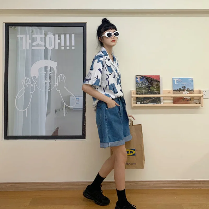 Camisas de Mulheres Geométricas Retro Estilo Japonês Solta Lazer BF Unisex Chic Feminino Top Streetwear Popular Vintage Férias na Moda