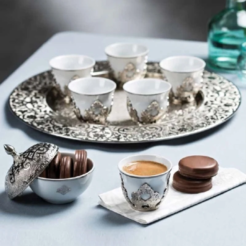 6 Pedaços de Mirra Conjunto com a Bandeja e o Sugar Bowl, o Ouro, a Prata árabe turco, grego Café Espresso Copos Conjunto Caneca Autêntico Presente de Casamento