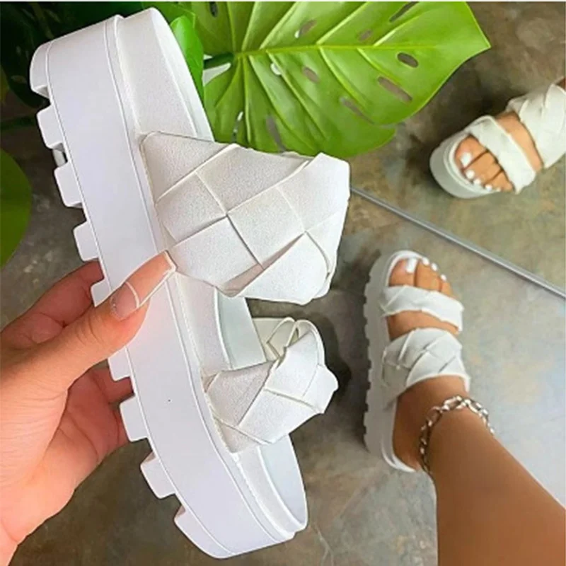 Verão, Chinelos De Quarto Das Mulheres, Plataforma De Senhoras Sapatos De Espessura Inferior Soild Tecelagem Praia De Slides Meninas Plus Size Rodada Toe Sapatos 2021