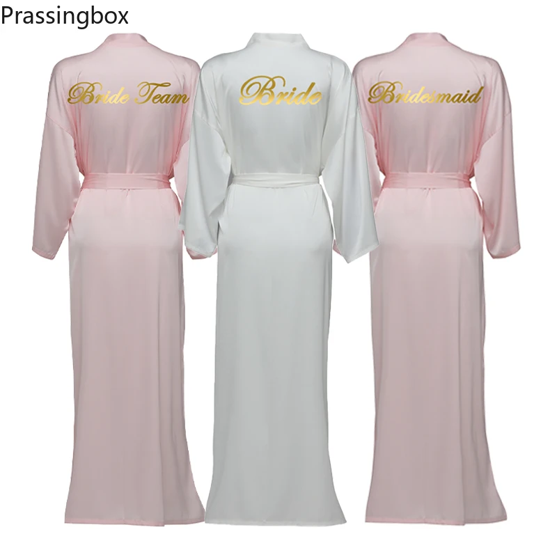 Em Cetim de seda, com Longas Vestes de Manga Longa cor-de-Rosa Personalizada de Dama de honra Vestes de Noiva Veste Mulheres Casamento Longo Roupão de banho e Homewear
