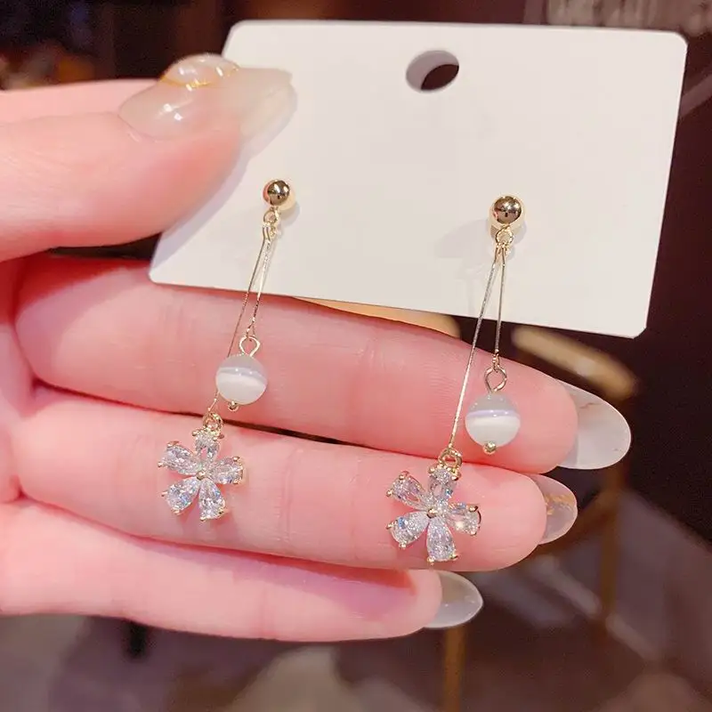 Moda Opala Zircão Flor Longos Brincos Para Mulheres Estilo coreano Delicada Jóia Nova Earings bijoux Atacado