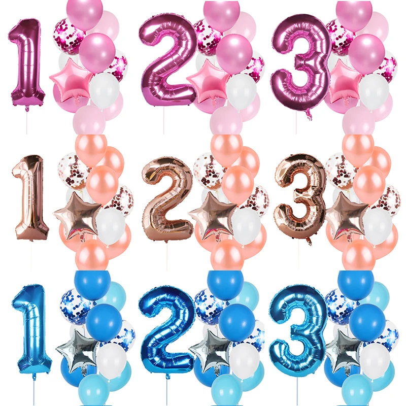 12Pcs/conjunto-de-Rosa Azul Rosa de Ouro Número da Folha de Balões de Látex Crianças Festa de Aniversário, Decoração de 1º de Um Ano de Aniversário do Menino Decoração de Balão
