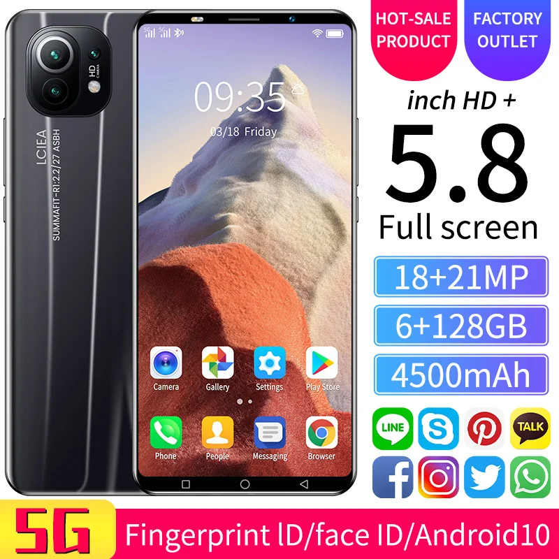 Venda quente de 5.8 Polegadas M11 Smartphones Android 10.0 6G 128G MTK6898 8-Core Face de impressão digital Desbloquear a Versão Global Celular 5G