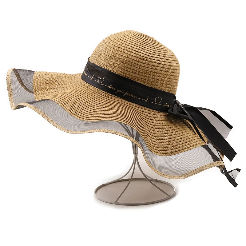 Menina simples Aba Larga do Chapéu de Palha Laço de Chapéus de Praia as Mulheres Senhoras da Moda Verão Proteção UV Dobrável Sombra de Sol Boné Chapéu