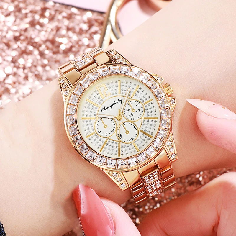 As Mulheres de luxo de Negócios do Diamante Senhoras Relógio Marca de Topo Senhoras Casual Mulheres Simples Bracelete de Cristal Relógios Relógio Feminino