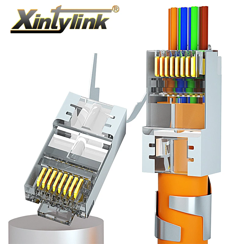 Xintylink CAT8 CAT7 CAT6A conector rj45 50U RJ-45 ethernet conector do cabo de rede FTP SFTP jack blindado de 1,5 mm, furo de passagem através de