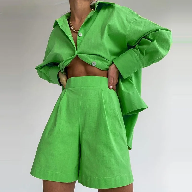 Casual Mulheres Conjunto De Treino Loungewear De Duas Peças De Mulheres Com Roupas De Grandes Dimensões Longa Camisa E Shorts De Cintura Alta Verde