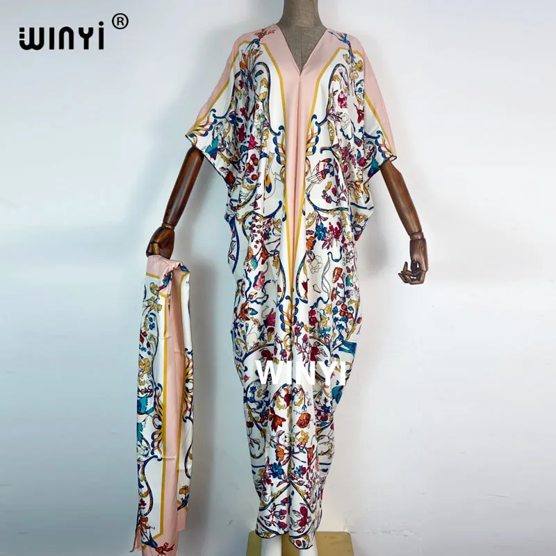 WINYI 2021 Vestidos Para Mulheres de Design de Moda de sarja v-pescoço com um cachecol Maxi Longo Femme Vestidos de Verão abayas Elegante Vestido de Festa