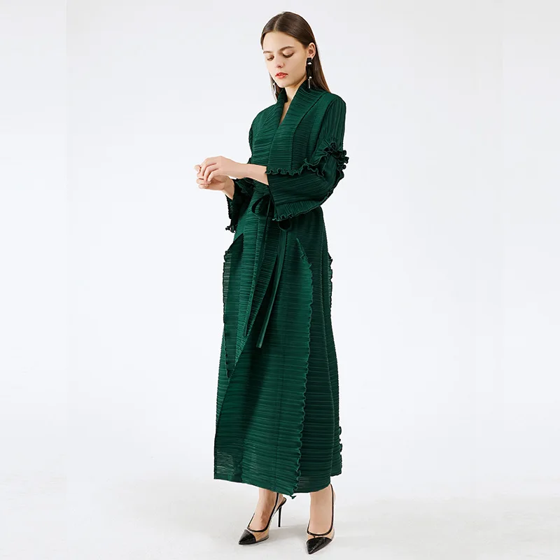 Moda Plissada Longa Pétala Manga do Vestido de Lapela Gola de casaco de lã Cinto de Grande Altura Verde, Vestido de Inverno para Mulheres Jaqueta