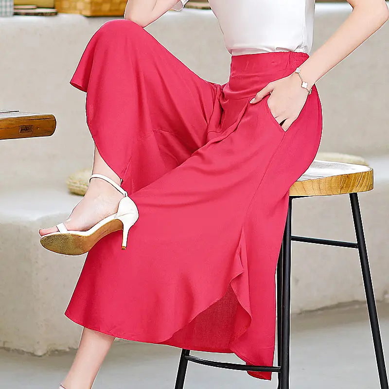 Verão Nova Wide Leg Pants Mulheres da Moda coreana Plus Size Saia Calça de Elástico de Cintura Alta Senhoras Dançando Cortada Calças zh354