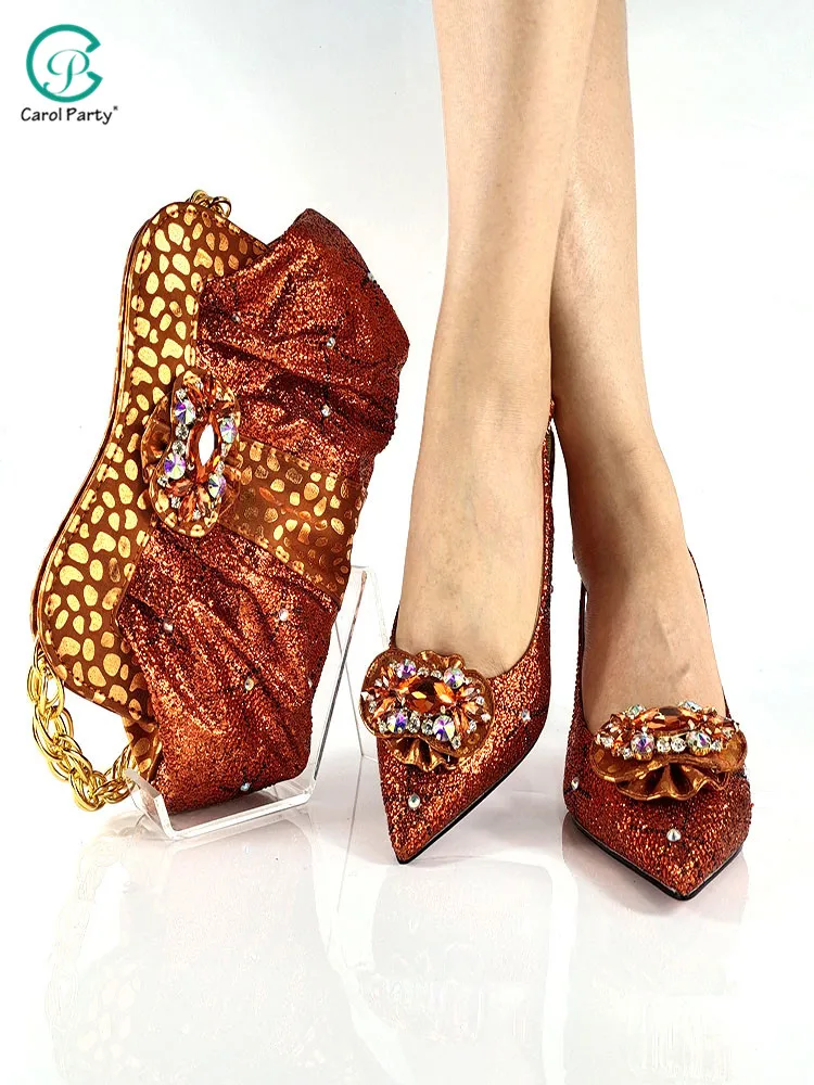 Venda quente da Cor Laranja Design italiano Africana de Mulheres do Partido Sapatos e Conjunto de Saco Decorado Com Muitas Forma de Strass Colorido