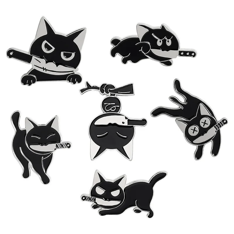 Popular de desenhos animados gato preto cortante faca engraçado de animal de metal pingando broche de vestuário de DIY pin de lapela o emblema jóias-acessórios