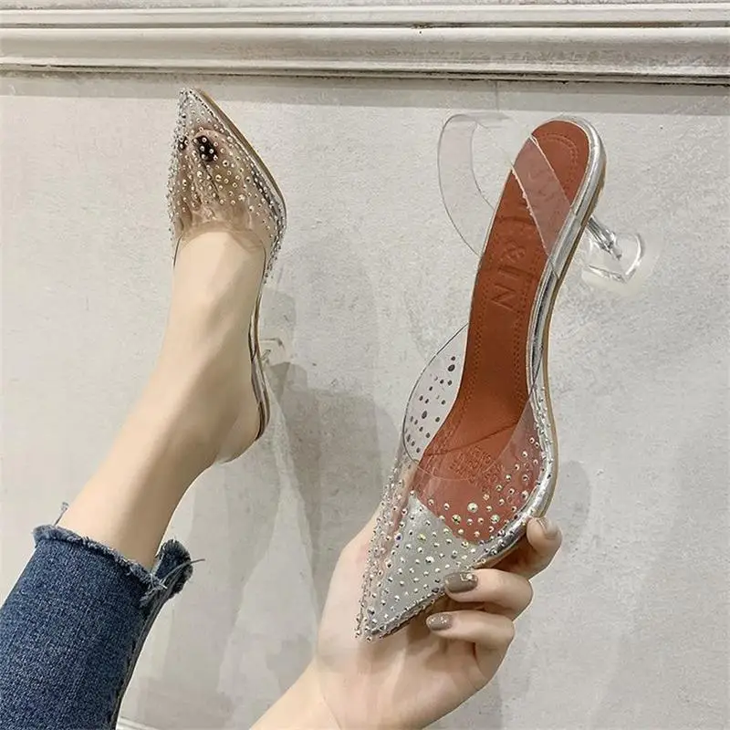 2021 Novos Sapatos femininos Moda Tendência Clássico Elegante e Transparente de Strass, Dedo Apontado Vidro Sandálias com Cristais 6KF161
